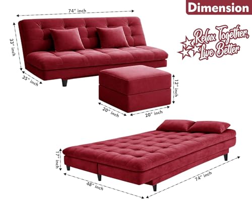 Image of Rosebell Modern Three-Seater Sofa Cum Bed Foldable Velevt Fabric Sofa, Foam Seating, Stylish Design for Living Room, Guest Room & Office - Red Color