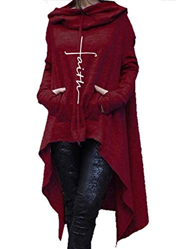Awoscut Women's Long Sleeve Faith Letter Print Hoodie Pullover Sweatshirt High Low Irregular Hem Tunic Top with Pockets (Wine Red, XL)