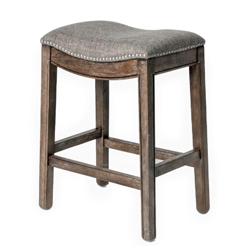 Image of Maven Lane Adrien Backless Counter Stool - 26 Inches - Saddle Stool with Footrest - Brown Solid Wood Frame & Grey Fabric Upholstery - Perfect for Kitchen Islands & Counters