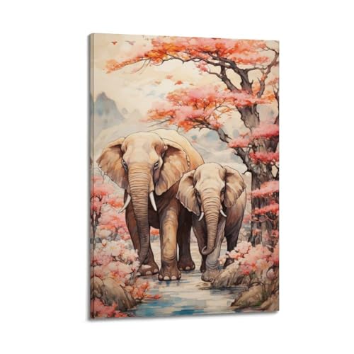 Poster éléphants et cerisiers 30x45cm cadre en toile pour décoration de chambre