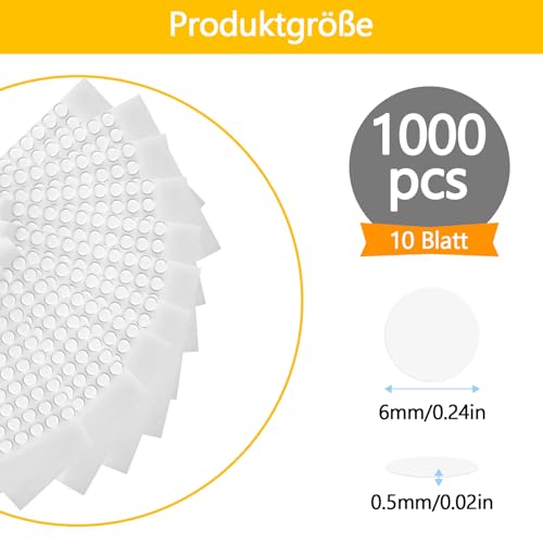 Moosono 1000 Stück Doppelseitige Klebepunkte, 6mm Foto Klebepads, Rund Transparente Aufkleber Keine Spuren Selbstklebende Klebepunkte für Poster, Ballon, Papier, Bürobedarf, DIY Basteln(10 Blatt)