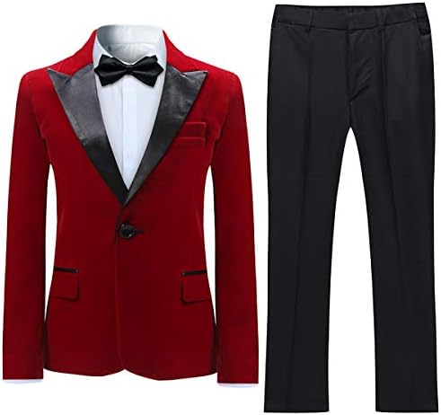 Boyland Boys Tuxedo Suit Velvet Peak Lapel Vintage 2 Pieces Slim Fit Jacket Pants Suit Set Prom Party Red