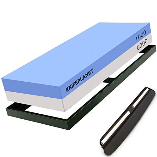Whetstone Knife Sharpening Stone Set – Deluxe High-Density 1000/6000 Dual-Grit Wet Sharpener Waterstone for Knives Complete with Angle Guide and Non-slip Base for Chef level Results…