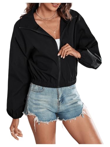 WDIRARA Women's Cropped Windbreaker Jacket Full Zip Up Collared Casual