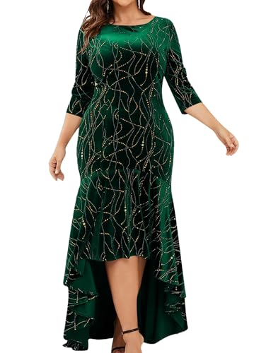 Paaruter Vestidos de Talla Grande para Mujer, Vestido Formal de Terciopelo con Mangas 3/4, Corte Sirena y Dobladillo Alto y Bajo Verde 5XL