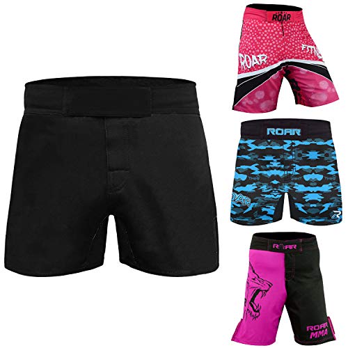 Roar Women's MMA Fight Shorts, UFC, BJJ, Muay Thai, WOD, NOGI, Kickboxing, Wrestling, MMA (Simple-Black, XLarge)