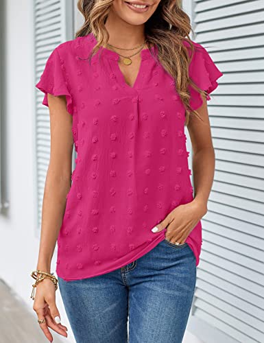 Merokeety Women V Neck Flowy Short Sleeve Swiss Dot Blouse Business Casual Loose Shirt Top Hotpink X-Large #TOP2