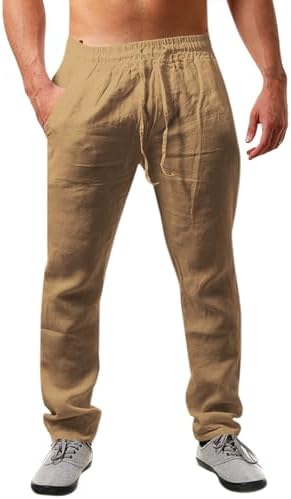 Runcati Herren Leinenhose Lang Sommerhose mit Kordelzug | Loose Fit, Baumwolle, Leinen, Freizeithose, Einfarbiges, Leicht, 3 Taschen, Für Alltag, Strand