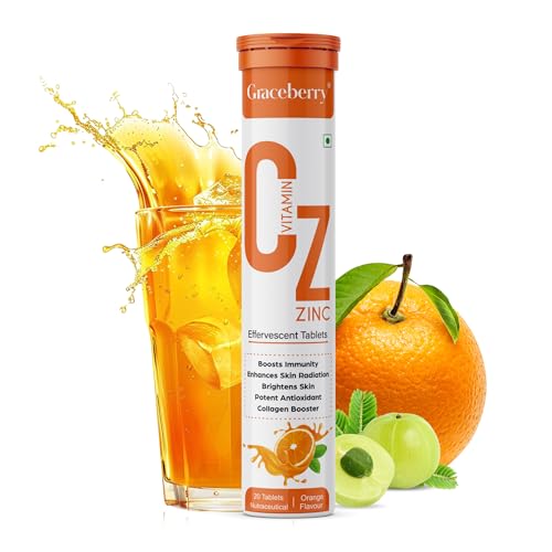 Image of Graceberry Natural Vitamin C + Zinc 1000mg with Amla, Orange Extract Supports Organic Immunity Booster 20 Effervescent Tablets| Helps Build Collagen For Healthy Nail, Hair & Skin