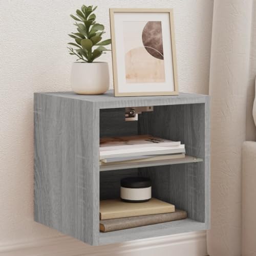 GeenYuu Meuble TV Mural Sonoma Gris avec lumières LED RVB, Bois d'ingénierie, étagère en Verre, 30x28,5x30 cm, Rangement multimédia, Support télévision...