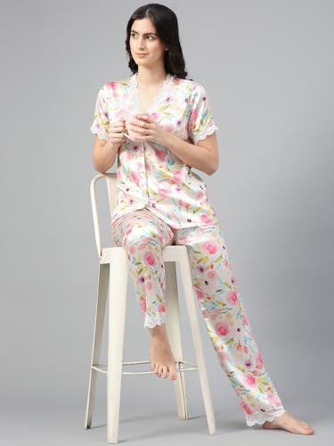 Image of KOTTY Women's Printed Satin Night Suit Shirt & Pyjama Set