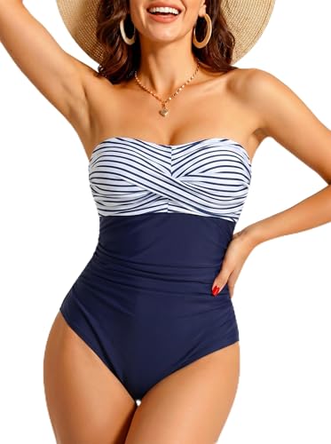 Image of Smismivo Tummy Control Swimwear Strapless One Piece Swimsuit Ruched Bathing Suits for Women Slimming Bandeau Tube Top Bikini