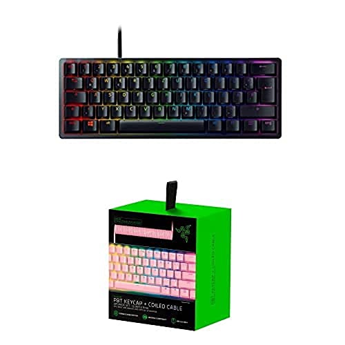 Razer Bundle bestehend Huntsman Mini (Purple Switch) Schwarz, DE-Layout Upgrade-Set mit PBT Tastenkappen + Spiralkabel in Quartz Pink, US- & UK-Layout
