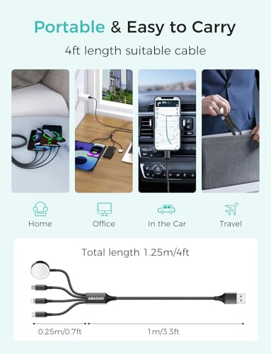 Image of 2Pack Multi Charging Cable for Apple Watch Charger 4 in 1 Travel Essentials RV Camping Essentials USB C /L /Micro Compatible with iWatch Series 11-1 /iPhone 17 /16 /15 /Android Airplane Gadgets-4FT /Black