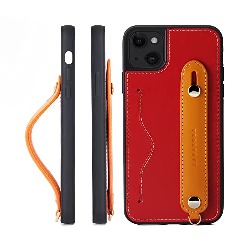 iPhone 14 Plus ケース 本革 グリップケース レザー ストラップ付属 イタリア製牛革 ヌメ革 片手操作 カード収納 スタンド機能 メンズ レディース レッド/オレンジ CGH-14Plus-Red-OG