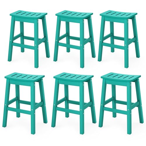 Image of Outdoor Bar Stools Set of 6, 25 inch HDPE Counter Height Bar Stools, All Weather Resistant Patio Bar Stools for Balcony, Backyard, Turquoise