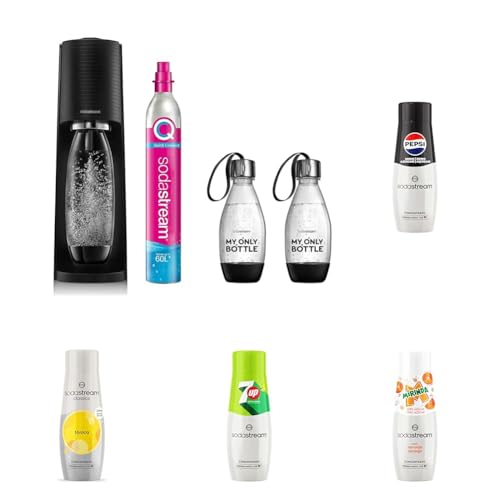 SodaStream Terra Pack - Máquina Gasificadora de Agua Color Negro, Incluye Concentrados de Refresco Sabores Pepsi Zero, 7UP Zero, Mirinda Zero y Tónica Zero para Añadir a tu Agua con Gas