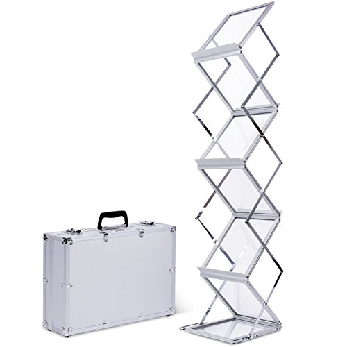 Aluminum Foldable Literature Holder Magazine Rack Brochure Display Stand Floor Pop-up Catalog Leaflet Flyer Holder with Portable Carrying Case for Tradeshow, Conference, Office Showroom
