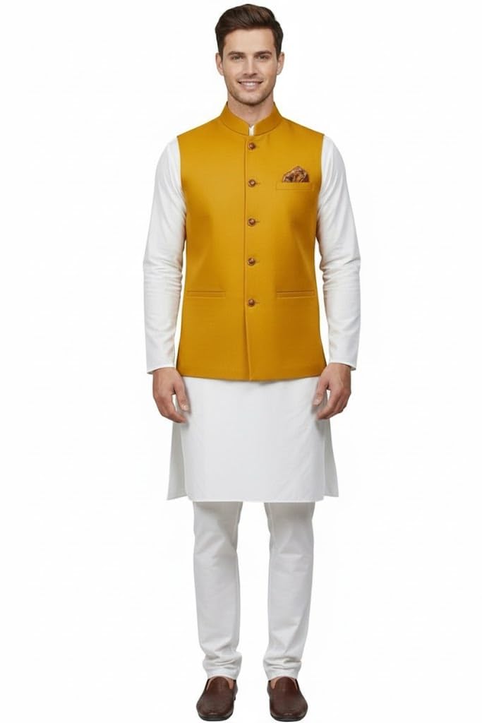 Sadari Men's Traditional Nehru Collar Waistcoat, Yellow Cotton Blend, Wedding and Festival Wear with Pocket Square-picture-11