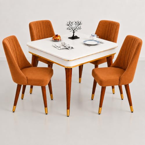 Image of WOODEN SPACE 4 Seater Wooden Dining Table Set | Urban Marble Top Dining Table with Chairs for Dining Room & Kitchen (Modern Frontline Mustard) (42 x 42 x 30 inch)