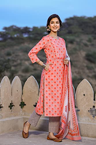 Image of Vaamsi Women's Cotton Blend Floral Straight Kurta Pant With Dupatta