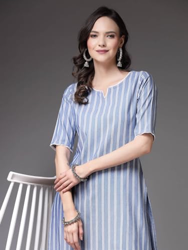 Image of Stylum Women's Woven Striped Cotton Blend Straight Kurta Pant Set (KPXHOORBLUE Blue)