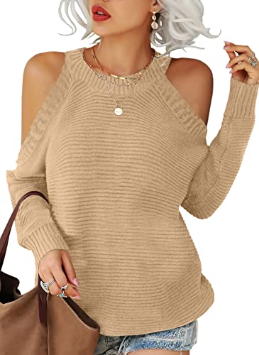 Womens Cold Shoulder Choker Long Sleeve Sweater Solid Casual Knitted Pullover Jumper Tops