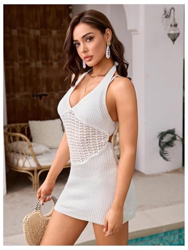 Image of GORGLITTER Women's Crochet Dresses Sexy Hollow Out Tie Backless Sleeveless Bodycon Sundress