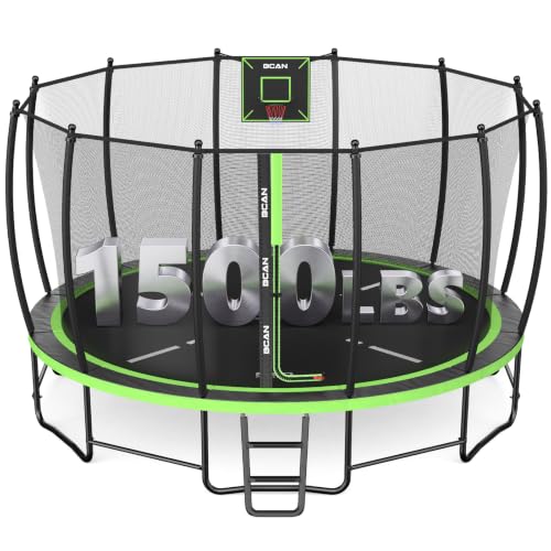 BCAN TR2 14FT Heavy-Duty Outdoor Trampoline, 1500 LBS Static Capacity, Reinforced Springs, Safety Enclosure Net, Built-in Basketball Hoop, Outdoor Backyard Trampoline with Ladder, Protective Padding - image 1