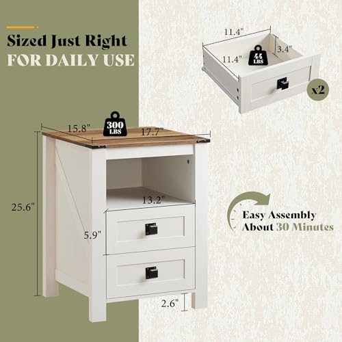 Image of AMERLIFE Farmhouse Nightstand Set of 2, Wooden Side Table with Drawers & Open Shelf, Narrow /Small Bedside End Table, Wood Night Stand for Bedroom /Dorm /Home Office, Rustic White + Barnwood