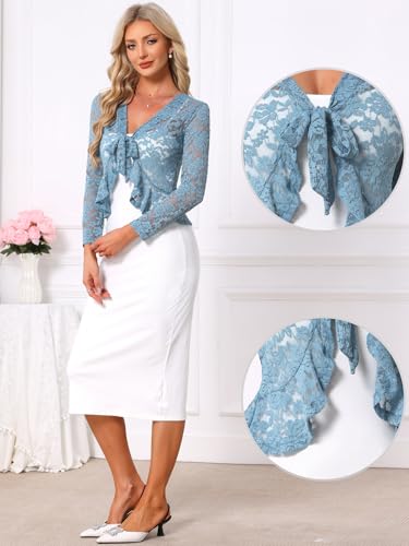 Image of Allegra K Bolero Shrug for Women's Lace Cardigan Tie Front Crop Ruffled Formal Dressy Wedding Shrugs