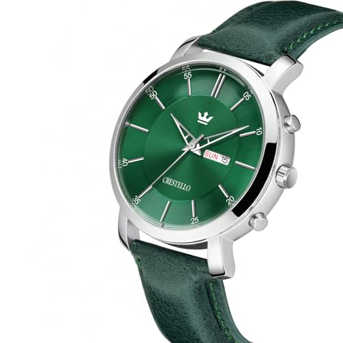 Image of CRESTELLO Brown /Green /Black Leather Strap Analog Wrist Watch with Day-Date Display for Men (Silver /Green /Brown /Black Dial) | CR-WT210