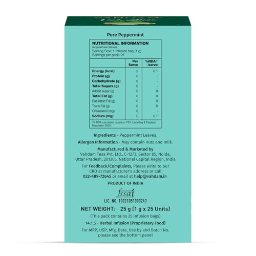 Image of VAHDAM Pure Peppermint | Supports Gut Comfort & Digestive Ease | 100% Peppermint Leaves | Refreshing Herbal Infusion | Caffeine Free | Non-Bitter | 25 Tea Bags