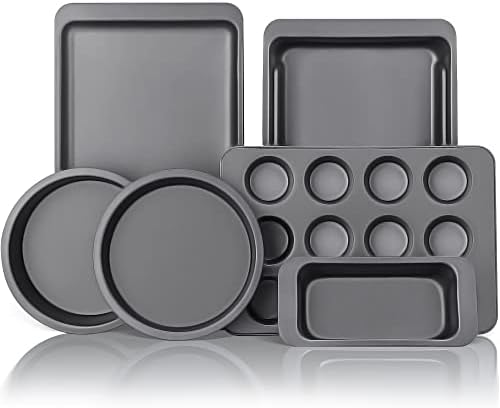 HONGBAKE Nonstick Baking Pans Set, Bakeware Sets of 6,Professional Baking Sheet Set for Loaf, Muffin, Cookie,Heavy-duty Carbon Steel - Grey