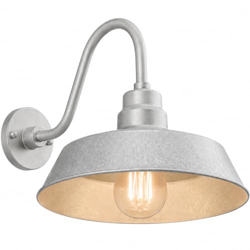 14in. Galvanized Finish Outdoor Gooseneck Barn Light Fixture with 14.5 in. Long Extension Arm - Wall...