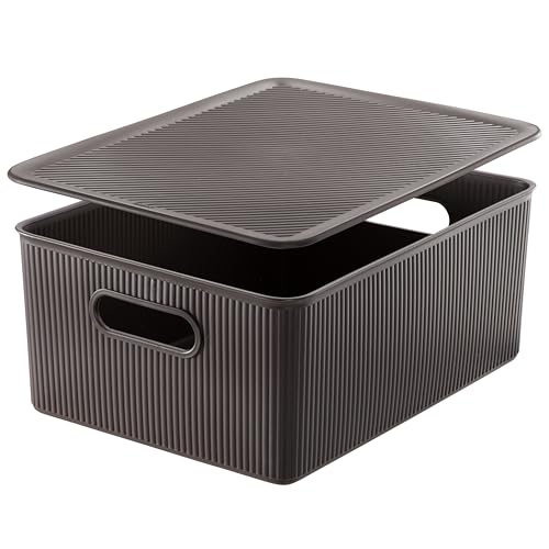 Superio Contenedores decorativos de plástico con tapa para el hogar, cestas organizadoras, grandes, color marrón (paquete de 1, 15 litros), apilable, para organizar estantes de armario, estantes de