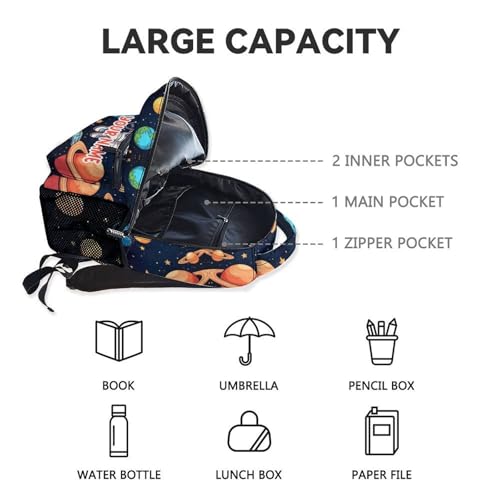 Personalized Astronaut School Backpack for Girls - 17 Inch Black Backpacks for Kids 8-10 Years - Lightweight Cute Bookbag for Elementary4