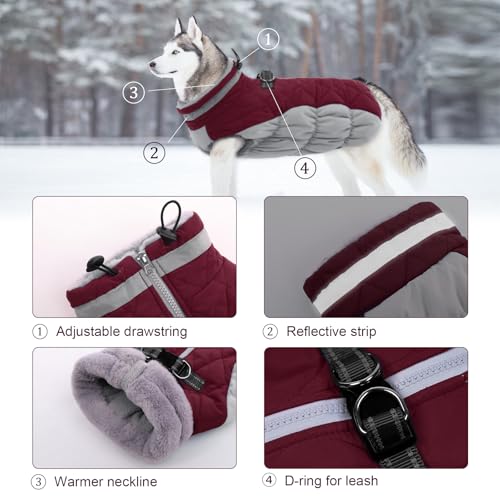 Image of Lelepet Dog Coat Warm Dog Winter Coat Waterproof Dogs Jacket with Harness | Reflective Pet Fleece Vest Zip-Up Cold Weather Coats for Large Dogs Turtleneck & Windproof Boston Terrier Wine Red L