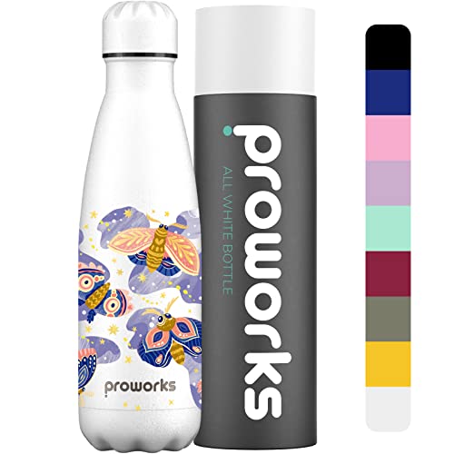 Proworks Botellas De Agua Deportiva De Acero Inoxidable Cantimplora Termo Con Doble Aislamiento Para 12 Horas De Bebida Caliente Y 24 Horas Bebida Fría 500ml - Todo Blanco Polillas A La Luz De La Luna