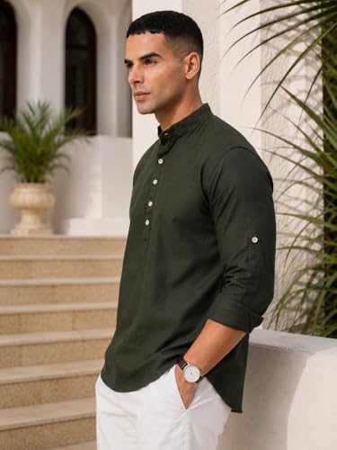 Image of Majestic Man Men's Pure Cotton Solid Mandarin Collar Slim Fit Roll-Up Sleeves Short Kurta Lightweight Summer Kurta for Daily & Occasion Use