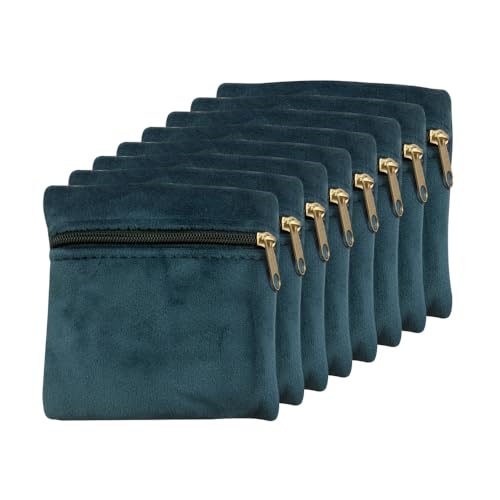 wanerxin 8pcs Small Velvet Jewelry Pouches with Zipper Gift Bags for Bracelet Necklace,Ring,Earrings,Earphone,Wedding Favors, Travel,3.94" X 3.94" (Peacock blue)