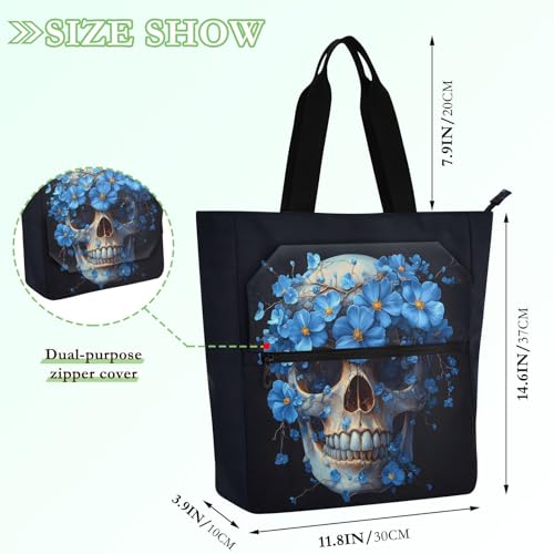 Skull Blue Flowers Tote Bag for Book Lovers Reusable Bags with Zipper Pocket for School Work Shopping2