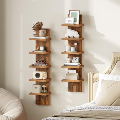 Image of HOOBRO 5 Tier Wall Shelf Unit, 2 Pack Floating Shelves for Wall, Wall Mounted Shelves for Storage, Vertical Display Shelf, Organizer Tall Tower Design for Livingroom Bedroom, Rustic Brown FG18BJP201