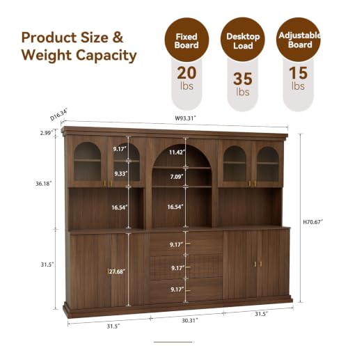 Image of ivaniti 71 inch Arched Kitchen Pantry Cabinet Set of 3, Dark Brown Freestanding Storage Hutch Combination with 2 Glass-Door Coffee Bar Cabinets and 1 Three-Drawer Open Shelf Cabinet for Kitchen
