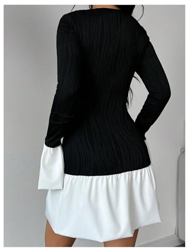 GORGLITTER Women's Color Block Ruffle Bubble Dress Trendy Puff Long Sleeve Crewneck Mini Dresses2