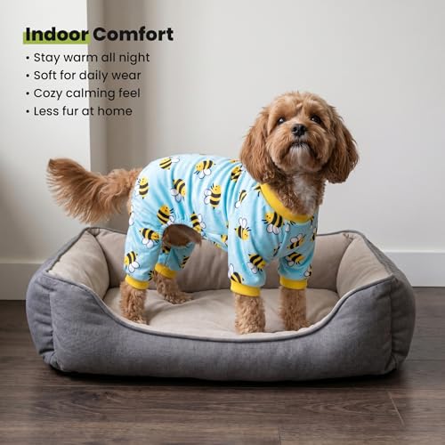 Image of Fitwarm Funny Bee Fleece Dog Pajamas, Warm Winter Dog Clothes for Small Dogs Boy Girl, Cozy Pet Onesie with Feet, Light Blue, Medium