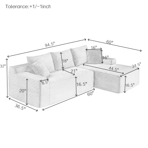95" L-Shaped Cloud Sectional Couch, Right Facing Modular Compressed Boneless Sectional Sofa with Chaise Lounge, Plush Corduroy Boneless Corner Sofa for Living Room - Image 2