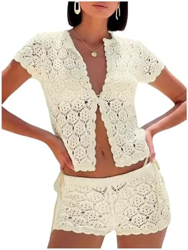 GORGLITTER Women's Crochet Short Sets Short Sleeve Button Down Ca...