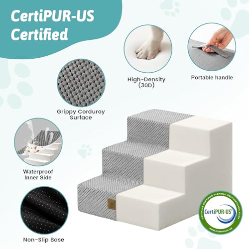 Image of COZY KISS Dog Stairs for Small Dogs 11.7 inch H, 3-Step Gentle Incline Pet Step for Couch Chiars, Right-Angle Dog Ramp for Puppy Doggie Senior Cats, 15.7x17.7x11.7 Inch, Grey