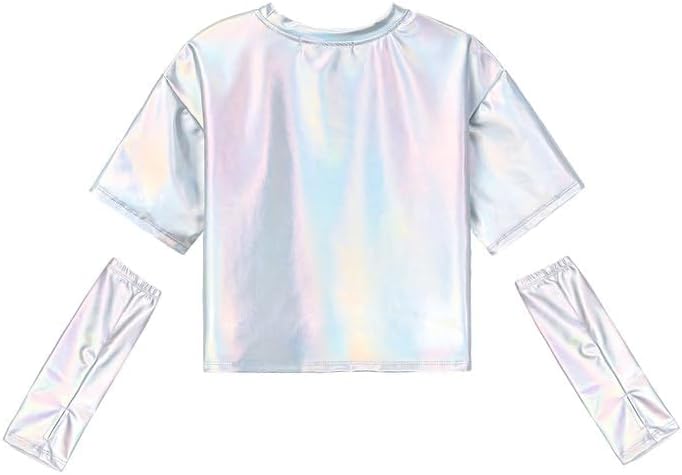 Perfashion Girls Metallic Shirts with Arm Sleeves, Shiny Crop Top for Dancing, Raves, Festivals, Costumes 4-15 Years - Image 3